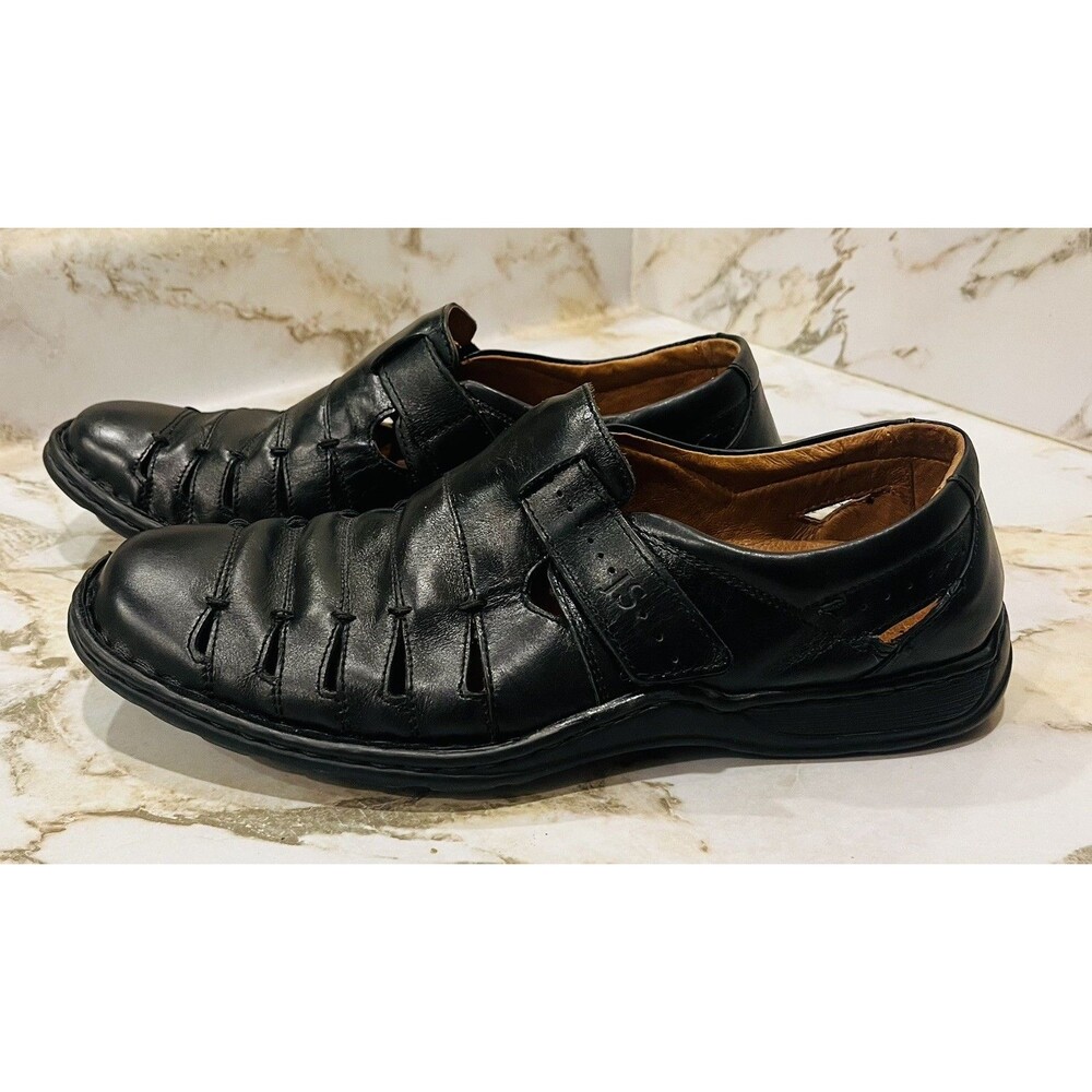 Josef Seibel Men’s 41 Black Leather Fisherman Sandals Comfort Shoes Hook Loop
